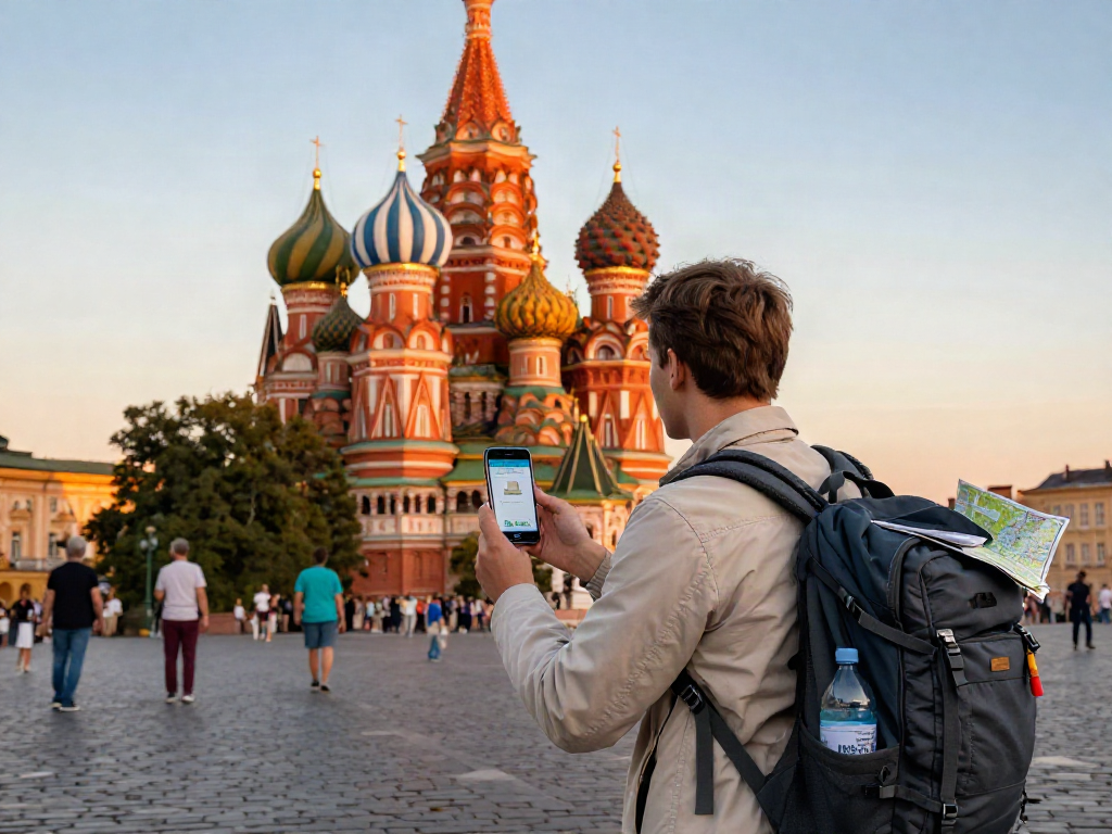 Seorang pelancong menggunakan aplikasi https://payinrussia.com/ di lokasi bersejarah dengan pemandangan indah.