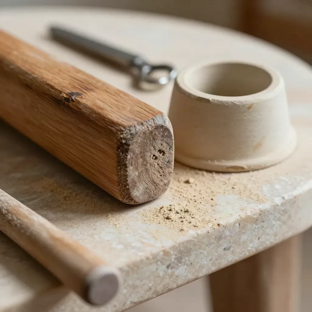 Alat tembikar usang di atas rak travertine, makro dekat dengan foot ring cawan