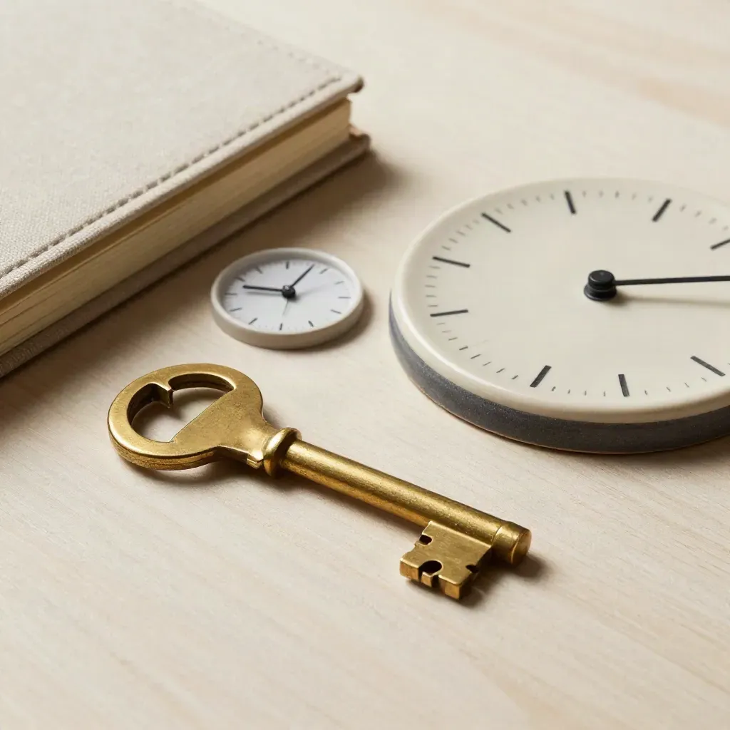 Key studio temujanji seramik di atas kayu pucat dengan jam, planner tertutup dan cakera masa seramik.